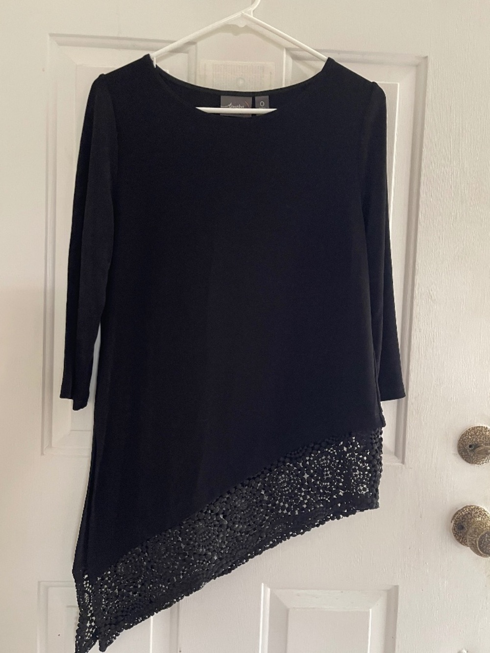 Chico's Travelers Black Asymmetrical Tunic Top Lace Hem